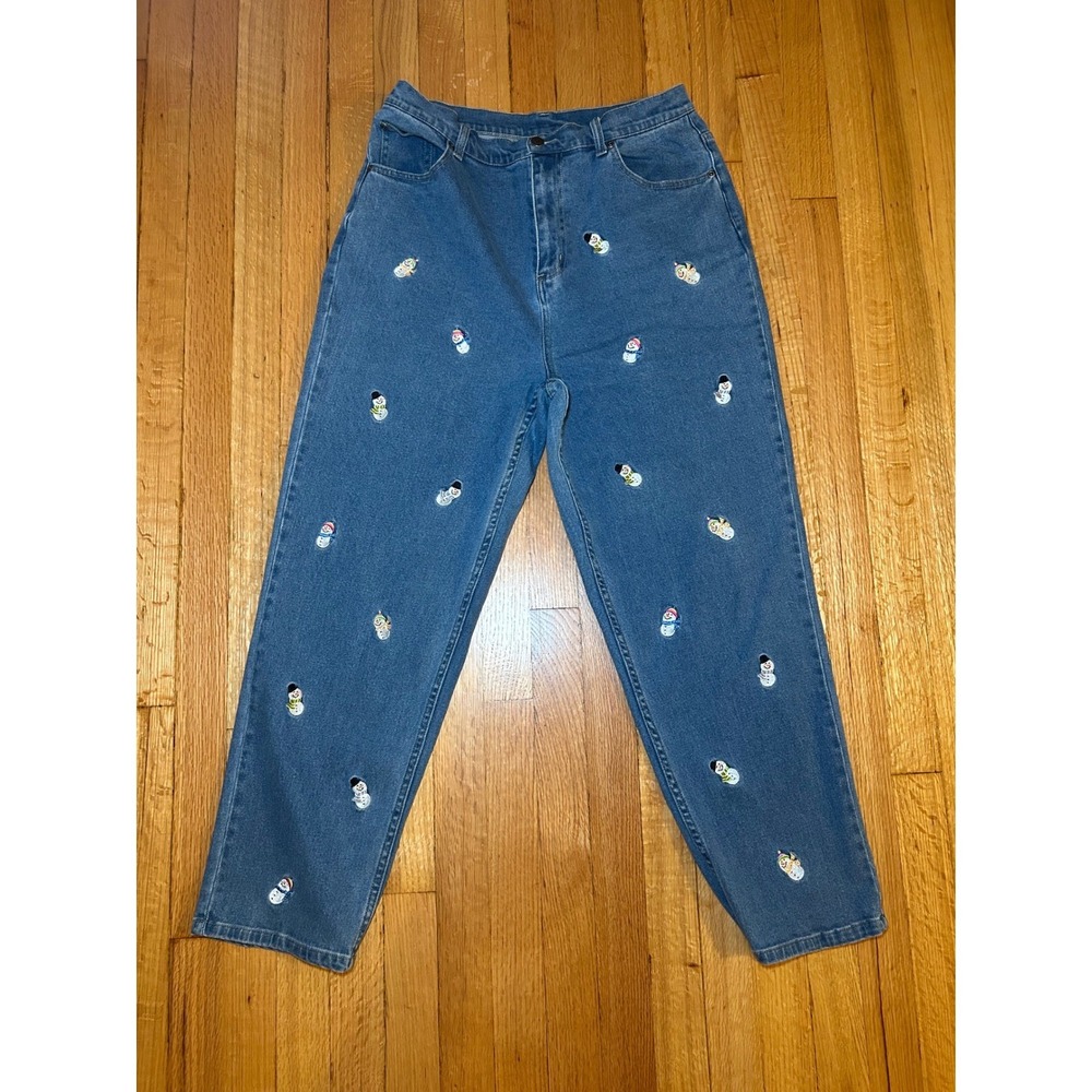 Quacker Factory Snowman Embroidered Jeans Blue Denim High Rise Straight Leg 16